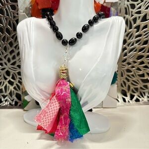 Pink Tassel Necklace Silk Handmade Fiber Art Collage Pendant Black Beads 0749 G